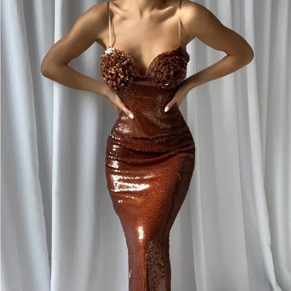 fitted lace wedding dress Jluxlabel | Brown Glisten All Night Sequin Gown main image 1
